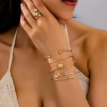 Rrdaily Layered Gold Plated Sphere Spiral Bangle Rings Set for Women,Open Twisted Geometric Wrist Cuff Bracelets Punk Party Accessories Trendy Jewelry Present