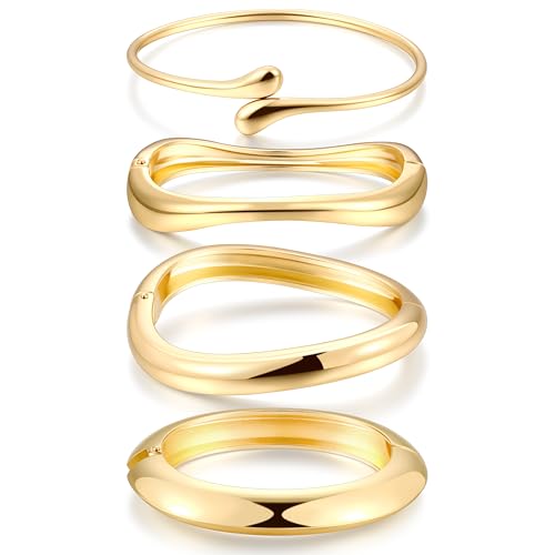 Chunky Gold Bangle Bracelets for Women, 14k Gold Plated Dainty Cuff Stackable Bangles Set, Trendy Bracelet Stack Fashion Jewelry Gifts - color: 08-GOLD