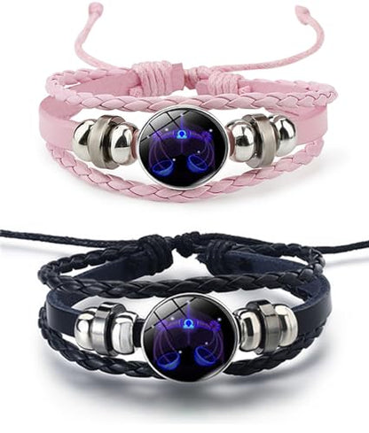 2Pcs Twelve Zodiac Leather Bracelet - Adjustable Zodiac Jewelry Accessory - color: Libra