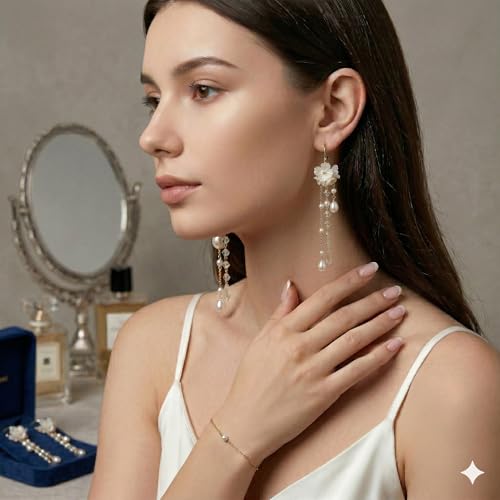 Kruckel Long Dangle Earrings for Women, White Floral Pearl-Inspired | Pearl Drop Earrings, Lightweight Gold-Tone Jewelry for Weddings, Parties, Bridesmaids, Birthdays and Occasion Gifts - color: white