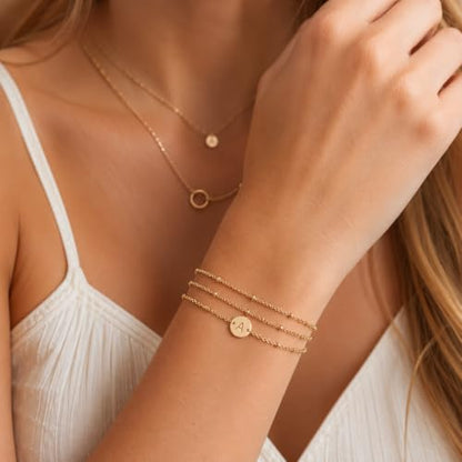 Glimmerst Initial Bracelet for Women 18K Gold Plated Stainless Steel Layered Coin Letter Bracelet Beaded Chain Personalized Name Bracelet - color: M Gold