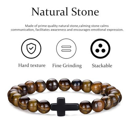 Mens Beaded Bracelets Set 8MM Tiger Eye Lava Stone Stretch Natural Stone Men's Bead Bracelet Mens Bracelet - color: 4,Cross Bead Bracelet