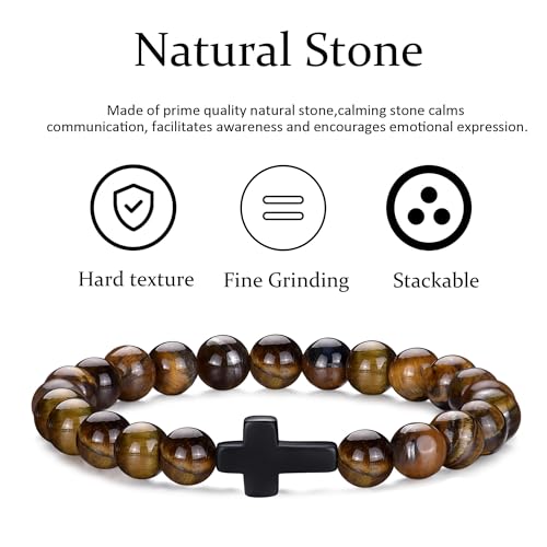 Mens Beaded Bracelets Set 8MM Tiger Eye Lava Stone Stretch Natural Stone Men's Bead Bracelet Mens Bracelet - color: 4,Cross-Bracelet-A