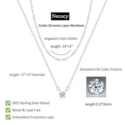 Dainty Sterling Silver Plated Diamond Choker Necklace for Women | Layered Created Diamond Pendent Necklace Set Non Tarnish, Stackable Cuban Chain Choker Jewelry - color: Silver-01