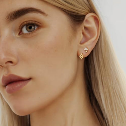 GEORGE · SMITH Geometric earring set for women, Star stud earrings set Suitable for multiple ear piercings 14K gold plated simple Rhombus earrings, front and back earrings for women（3 pairs）