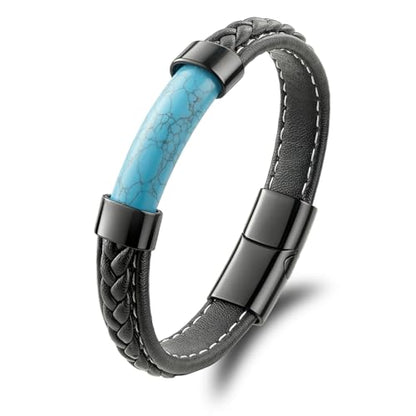 Mens Black Leather Obsidian/Turquoise/Tiger Eye/Red Agate Bracelet–Braided Multi‑Layer Wristband Cuff Bangle Bracelet with Stainless Steel Clasp Gift Jewelry Box Included - color: Style 2: Turquoise, size: 8.3in(Fits most wrists)