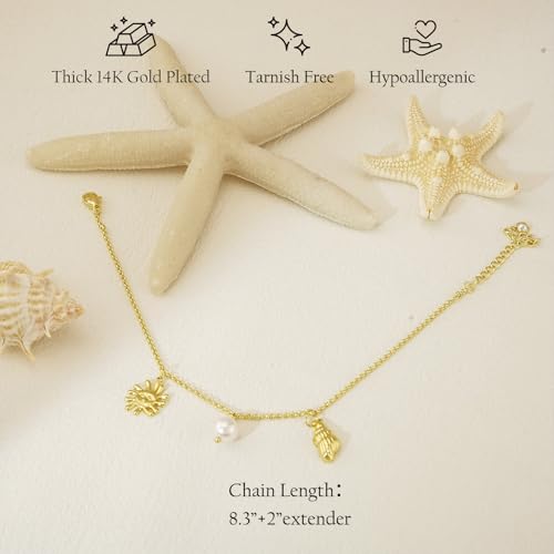 NIXMAX Gold Anklets for Women, Waterproof Chain Trendy Ankle Bracelets | Non Tarnish, Adjustable Fit, 14K Gold Plated, Dainty Layered Looks, Summer Beach Vacation Body Jewelry, Gifts for Women - color: Gold-pearl/shell/sun