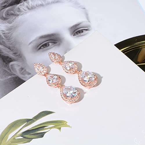Women's Cubic Zirconia Bridal Earrings - Elegant Long Wedding Party Prom Earring for Bride Bridesmaids Crystal CZ Rhinestone Chandelier Statement Dangle Drop Earrings for Women - color: 14k rose gold plated