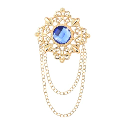 Vintage Crystal Brooch Pins Hanging Chain Lapel Pin for Men Suits Dress Shirt Collar Chain Lapel Pin Brooches for Men Suits - color: Blue-gold