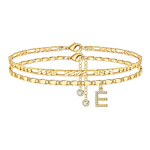 Ursteel Ankle Bracelets for Women, 14K-Gold-Plated Dainty Layered Chain CZ Initial Anklets Set Summer Jewelry Gifts for Women - style: E-Gold-Plated