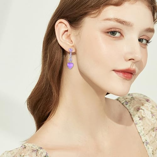 Crystal Heart Teardrop Dangle Earrings for Women Hypoallergenic Multicolor Cubic Zirconia Drop Earrings for Wedding Prom Party Daily Wear - color: Purple Heart