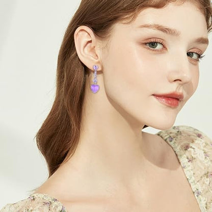 Crystal Heart Teardrop Dangle Earrings for Women Hypoallergenic Multicolor Cubic Zirconia Drop Earrings for Wedding Prom Party Daily Wear - color: Purple Heart