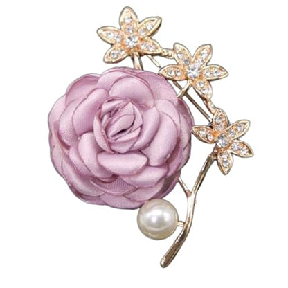 Handmade Elegant Red Rose Flower Brooch Pin for Women Crystal Pearl Fabric Flower Lapel Pin Dress Suit Accessories - color: Purple Gold Flower
