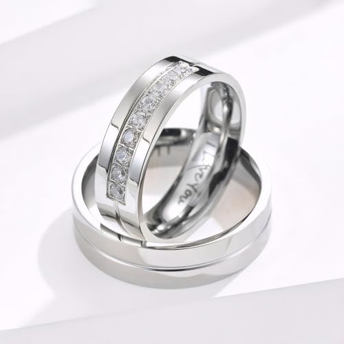 Couple Rings for Him and Her Stainless Steel Matching Promise Ring Princess Cut Bridal Couple Wedding Engagement Bands Cubic Zirconia CZ Band for Women Men Lover Jewelry Gifts Comfort Fit 5-15 - color: B,silver,I LOVE YOU,with zircon,1pc