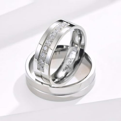 Couple Rings for Him and Her Stainless Steel Matching Promise Ring Princess Cut Bridal Couple Wedding Engagement Bands Cubic Zirconia CZ Band for Women Men Lover Jewelry Gifts Comfort Fit 5-15 - color: B,silver,I LOVE YOU,with zircon,1pc