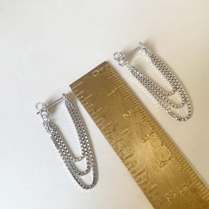 Tassel Earrings for Women Gold Plated Silver Chain Earrings Dainty Minimalist Dangle Drop Studs - color: H-Silver with Three Box Chains