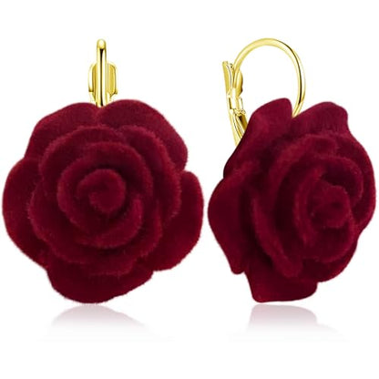 Handmade Bohemian Aesthetic Dainty Acrylic Flower Petal Leverback Earrings Sparkly 14K Gold Floral Dangle Drop Earrings for Women - color: Wine Red