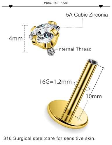 16G ASTM F136 Titanium Surgical Steel Internal Thread Flat Back Studs Earrings Lip Rings Labret Medusa Helix Tragus Cartilage Earring stud Piercing Jewelry for Women Men Silver Black Gold - style: 16g/4mm Clear cz/Gold 10mm