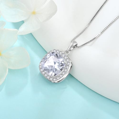 Birthstone Necklace for Women 925 Sterling Silver Princess Cut Halo Necklace Pendant Jewelry for Mom Wife - color: White