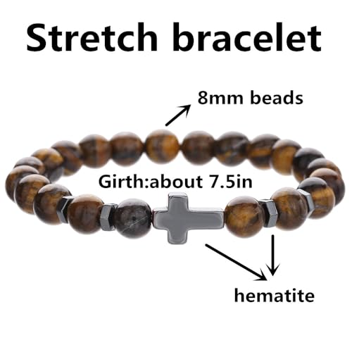 Beaded Bracelets Cross Bracelet for Women Men Lava Rock Turquoise Tiger Eye Natural Bracelet Anxiety Healing - color: 10 Pcs- black Hematite cross