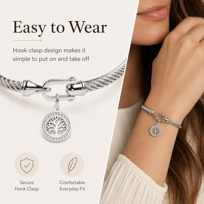 Gold Tree of Life Bangle Bracelet for Women, 18K Gold Plated Stainless Steel Double Layer Spring-Open Bangle, Meaningful Dainty Jewelry Gift - color: SLIVER-2