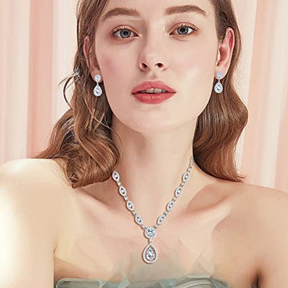 GULICX AAA Cubic Zirconia CZ Silver Plated Base Women's Party Jewelry Set Earrings Pendant Necklace - color: White gold plated