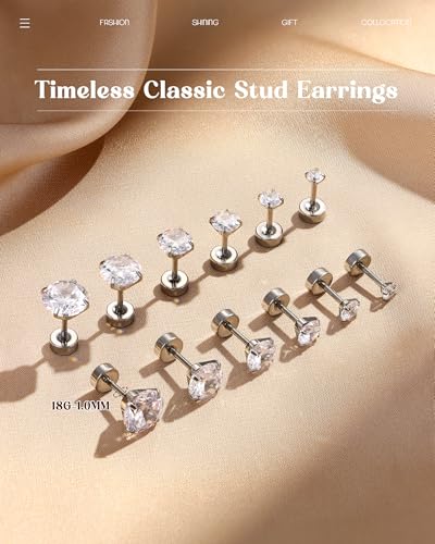 ORAZIO 6Pairs Hypoallergenic Flat Back Earrings 316L Stainless Steel Studs for Sensitive Ears, 3-8mm Cubic Zirconia, Stylish Jewelry for Women Men - Silver - color: Silver Plated