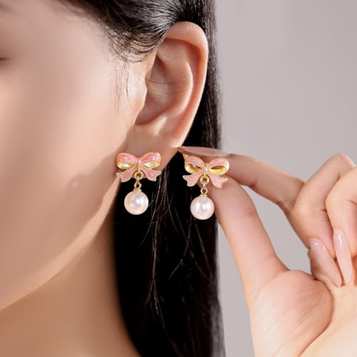 Gold Bow Earrings for Women, Long Tassel Chain Drop Earrings, Trendy Small Bow Earrings, Ribbon Waterfall Dangling Earrings, Pearl Bow Earrings, Sparkly Elegant Bowknot Preppy Jewelry Gifts for Women - color: Pink Bow-K