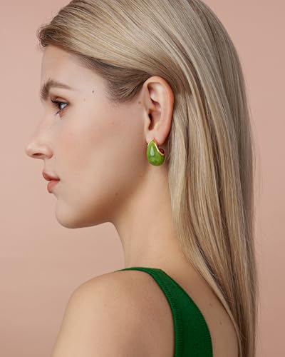 SNGIA Oval C Shape Chunky Dangle 18K Gold Plated Hoops with Colored Resin Gemstone Statement Earrings for Women by SNGIA, (Green, Brown, Blue, Pink, White, Cream), Long Bold Drop Handmade Exaggerated Irregular Trendy Bohemian Jewelry Gifts, Unique Danglin