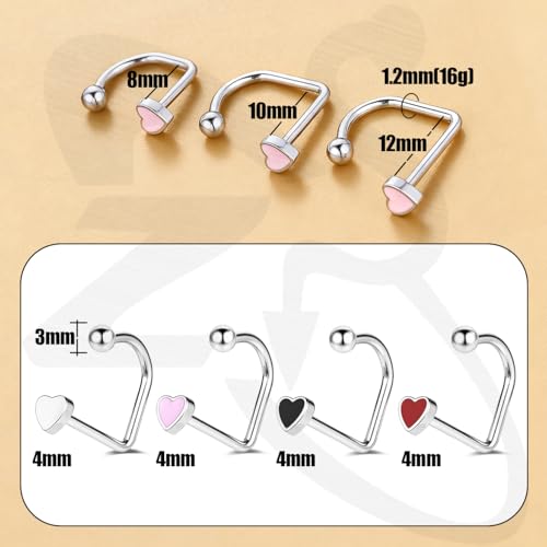 ZS 4Pcs Stainless Steel Heart Lip Rings Hoops Piercing, 16G C-shape U-shape Lip Rings, Internally Threaded Cartilage Helix Daith Earrings Jewelry for Women Men - color: U-shape Lip Rings, size: diameter:12mm