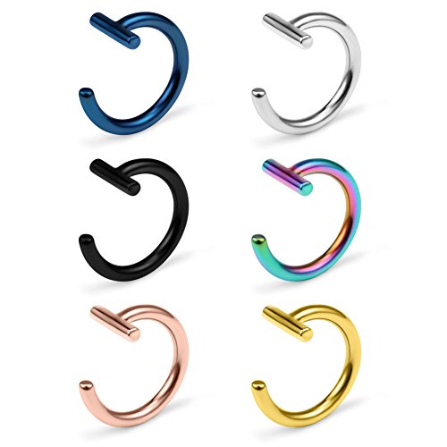 14G T Shaped Stainless Steel Gothic Clip on Non piercing Double Fake Cuff Lip Nose Ring Septum Hoop Women Men 6pcs - color: 6PCS - Mix Color 3#