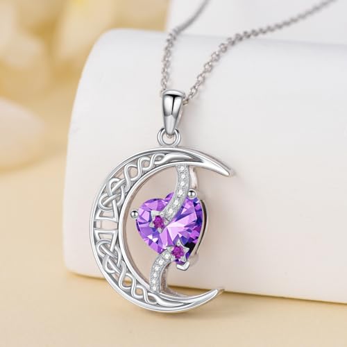 TOUPOP Moon and Star Birthstone Necklace for Women 925 Sterling Silver Celtic Moon Jewelry Birthday Mothers Day Gifts for Mom Wife Her - color: 02-February-Amethyst