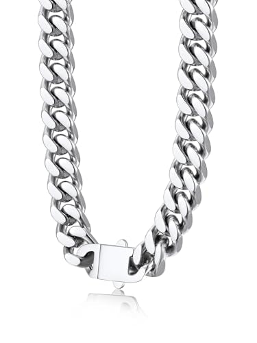 Bestyle Thick Stainless Steel Mens Cuban Link Chain, Black/Gold Chain for Men, No Tarnish & Durable Men Chain Necklace, 5/7/9/12mm Wide, 18"-30" Long, Gift Package - style: a. 12mm-Stainless Steel