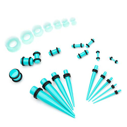 50-Piece Ear Gauges Stretching Kit, 14G-00G | Acrylic tapers and plugs with soft silicone tunnels, body piercing jewelry for women and men - color: Turquoise