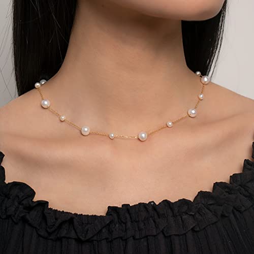 925 Sterling Silver Dainty Freshwater Cultured Pearl Choker Necklace White Genuine Real Pearl Charm Necklaces Jewelry Gifts for Her - color: Satellite Pearl-Gold Plus 4-5mm&8-9mm