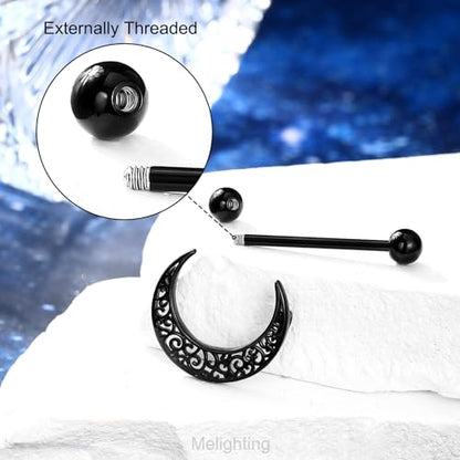 Melighting Black Nipple Rings 14G Pattern Piercing Jewelry for Women - Stainless Steel 316L Moon Barbell