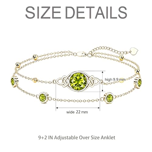 Midari 18K Gold Irish Infinity Celtic Knot Birthstone Layed Anklet Bracelet with 12 Months Birthstone Birthday Jewelry Gifts for Women Mom - color: 08-Peridot, size: Anklet 9"-11"