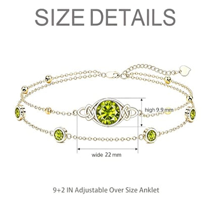 Midari 18K Gold Irish Infinity Celtic Knot Birthstone Layed Anklet Bracelet with 12 Months Birthstone Birthday Jewelry Gifts for Women Mom - color: 08-Peridot, size: Anklet 9"-11"