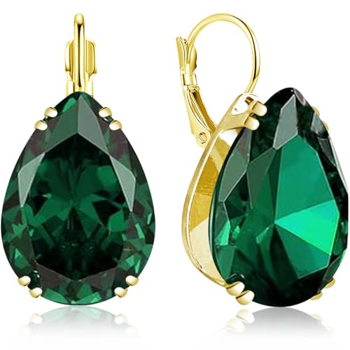 14K Gold Teardrop Crystal Leverback Earrings Sparkly Rhinestone Water Droplet Dangle Drop Earrings For Women - color: Green