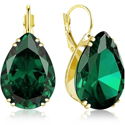 14K Gold Teardrop Crystal Leverback Earrings Sparkly Rhinestone Water Droplet Dangle Drop Earrings For Women - color: Green