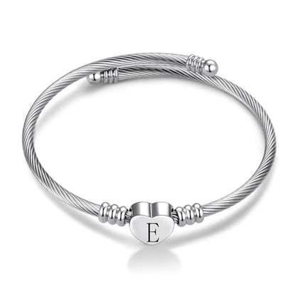 Women Initial Heart A-Z Letter Cuff Bracelet Personalized Name Expandable Wristband Bangle Bracelets Stainless Steel Birthday Jewelry - style: E