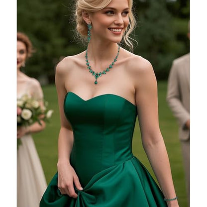 EVER FAITH Marquise Crystal Leaf Bridal Prom Jewelry Set for Women Bride | Rhinestone Wedding Party Necklace Dangle Earrings Tennis Bracelet, for Bridesmaid - color: Green Black-Tone
