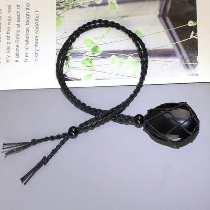 weryerker Natural Gemstone Pendant Necklace Healing Crystal Stone Pendant with Hand-Woven Rope Adjustable for Women Men - color: 1PC Black Obsidian