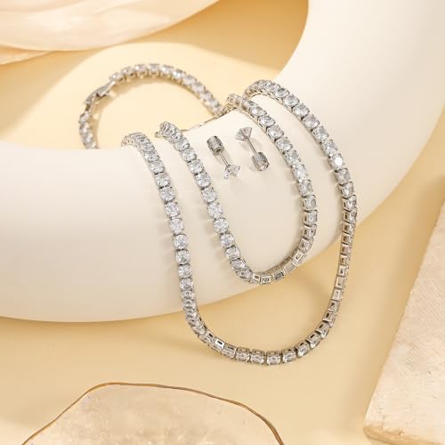 Tennis Jewelry Set for Women 4mm Cubic Zirconia Necklace Bracelet Earring 3Pcs Set Silver Tone Hypoallergenic Iced Out CZ Bridal Accessories Dainty Wedding Party Anniversary Birthday Gift for Her - color: silver 15 inches