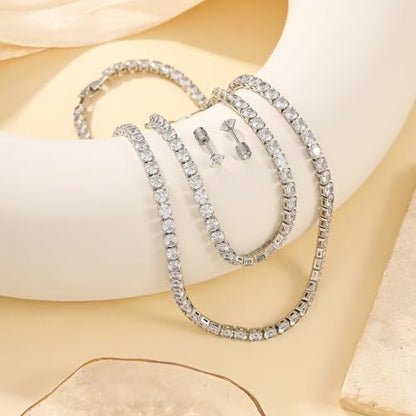 Tennis Jewelry Set for Women 4mm Cubic Zirconia Necklace Bracelet Earring 3Pcs Set Silver Tone Hypoallergenic Iced Out CZ Bridal Accessories Dainty Wedding Party Anniversary Birthday Gift for Her - color: silver 15 inches