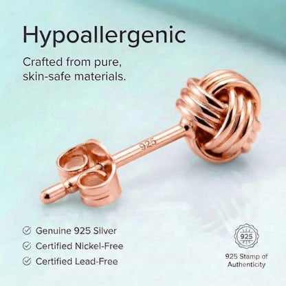 Solid 925 Sterling Silver 5mm Love Knot Stud Earrings | Gold Plated Classic Love Knot Twist | Hypoallergenic | Secure Friction Back Closure | High Polished Stud Earrings - color: Rose Gold