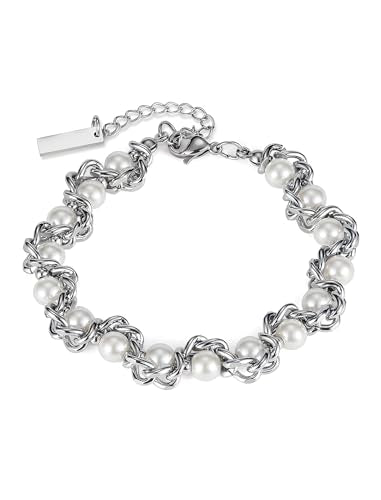Faux Pearl Chain Bracelet for Women, White Silver Gold Plated Stainless Steel Link Cuff Bridal Wedding Christmas Valentine's Day Mother's Day Anniversary Birthday Jewelry Gifts Box for Her