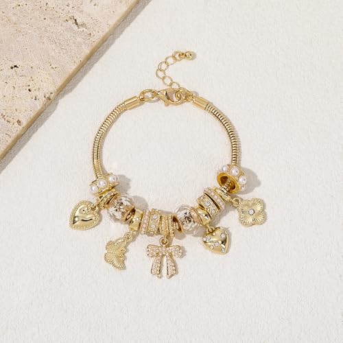 Charm Bracelet Gold Bracelets for Women Gifts | LOVE Heart Hollow Flower Bow Pink Green Square Gemstone Beaded Charm Bracelet Cute Adjustable Bracelet Jewelry - style: bow
