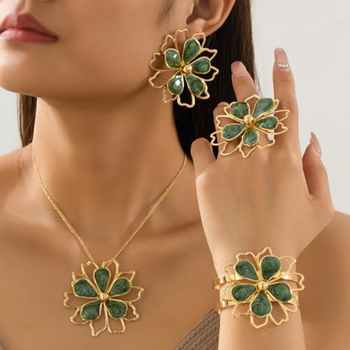 Gold Flower Jewelry Set For Women, 5 Pcs Chunky Golden Floral Pendant Necklace Bracelet Earrings Ring Set Statement Flower Jewelry Gifts For Beach Wedding - color: 5pcs-Green