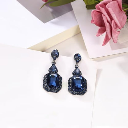 Women's Wedding Bridal Crystal Emerald Cut Infinity Figure 8 Chandelier Clip-On Dangle Earrings - color: Navy Blue Black-Tone